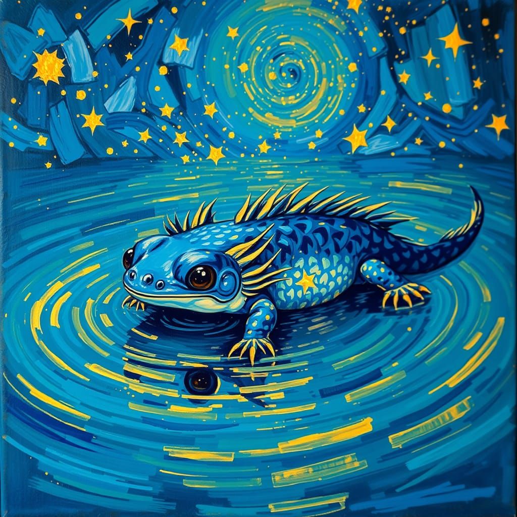Dreamlike Axolotl in a Starry Night Pond, in the Style of Va...