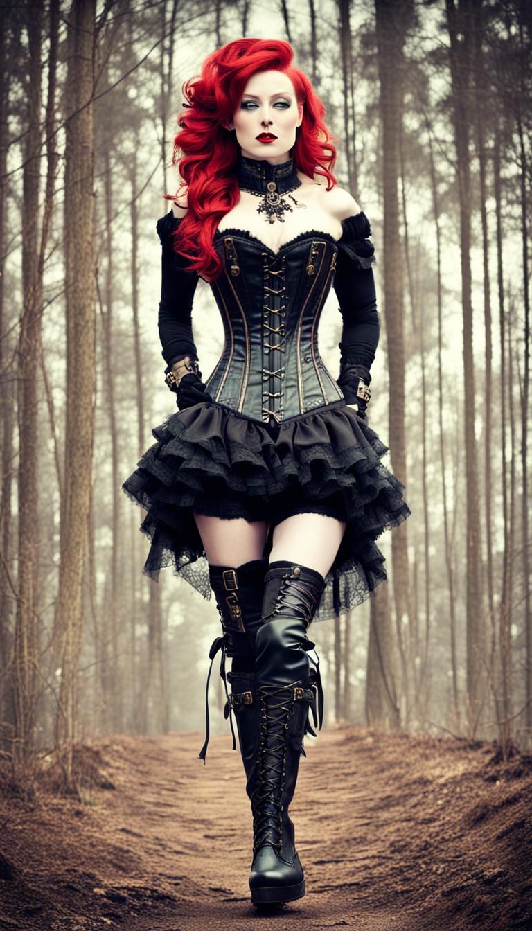 Steampunk corset, red hair, high heel thigh high boots