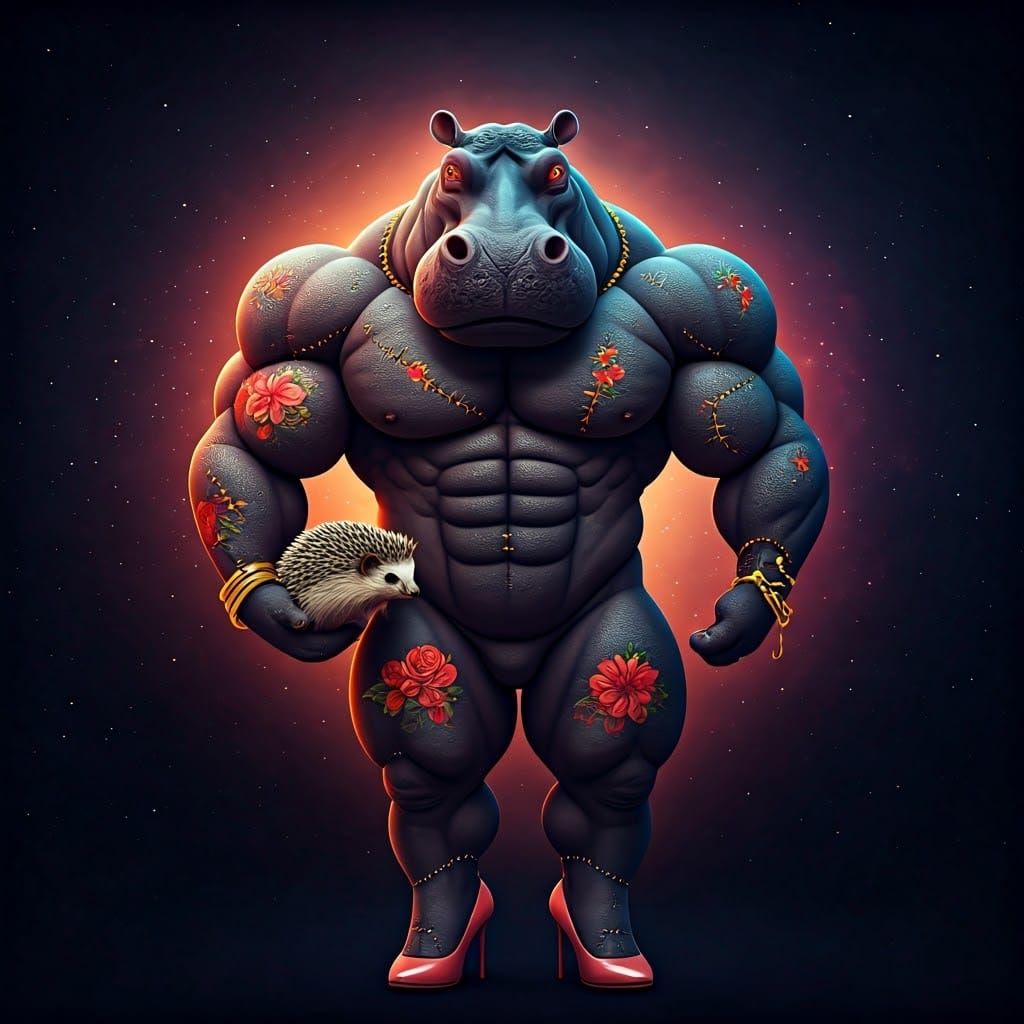 Fabric Hippo in High Heels with Hedgehog