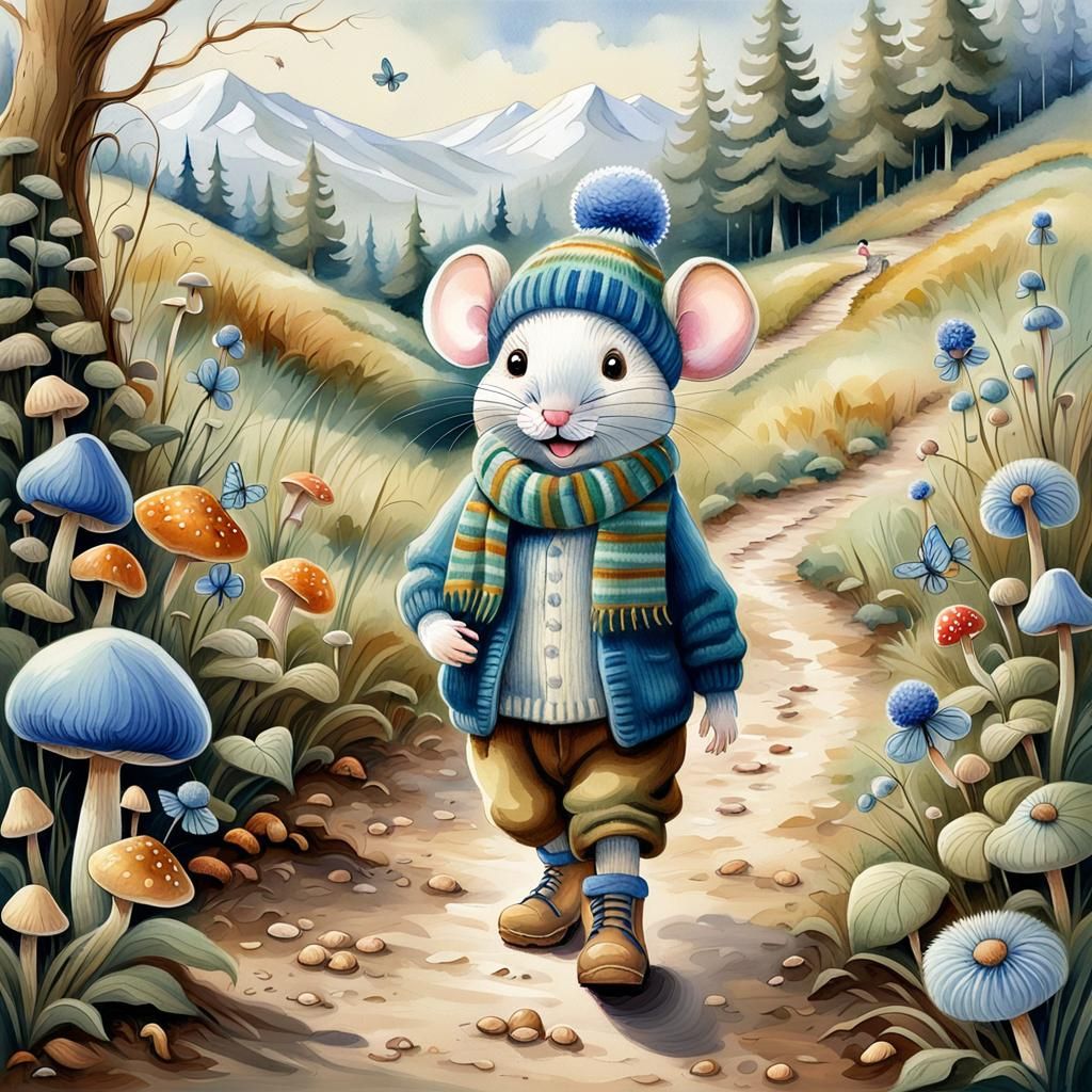 Mouse in Countryside Scene as Watercolor Painting