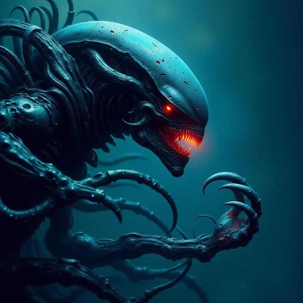 Futuristic Alien Creature with Sharp Teeth and Claws