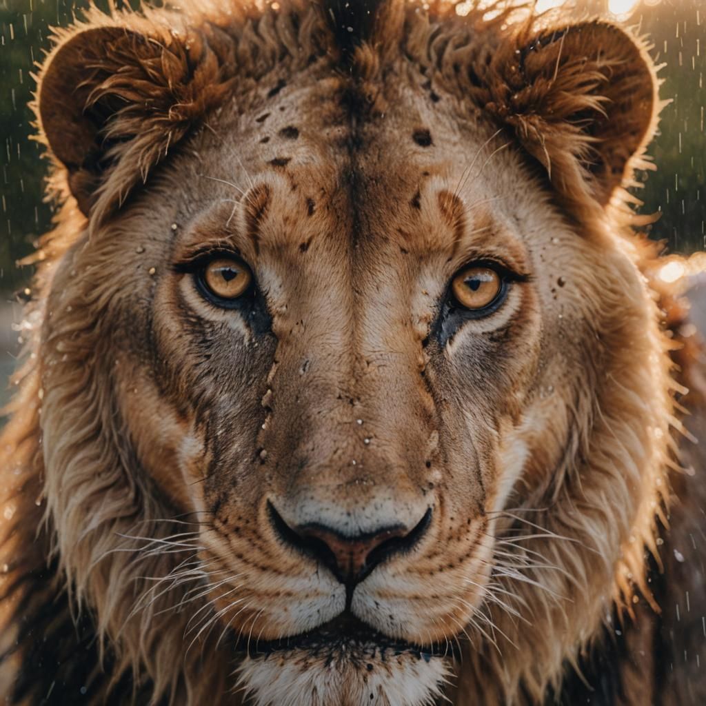 Lion's Face in Rain: Hyper-Realistic Wildlife Photography