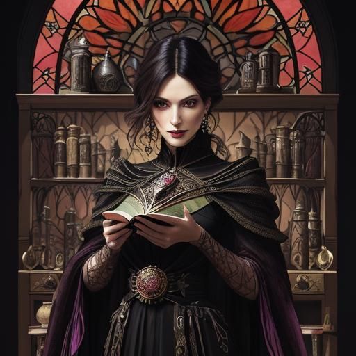 Captivating Witch at Ebony Table in Expressionist Style