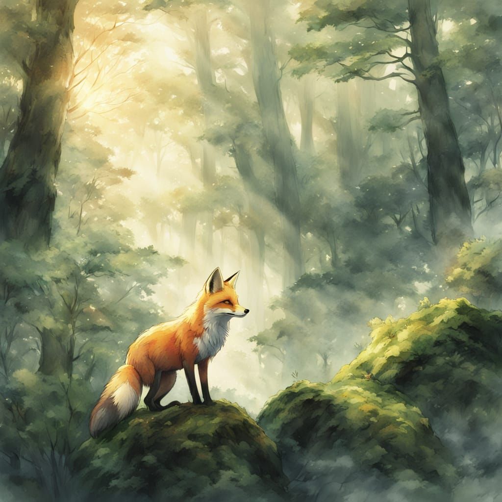 Surreal Anime Fox in Misty Watercolor Landscape