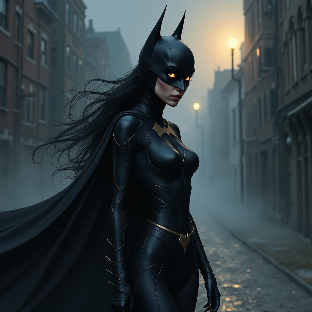 Dark Gothic Batgirl Emerges from Misty Cityscape in Midnight...