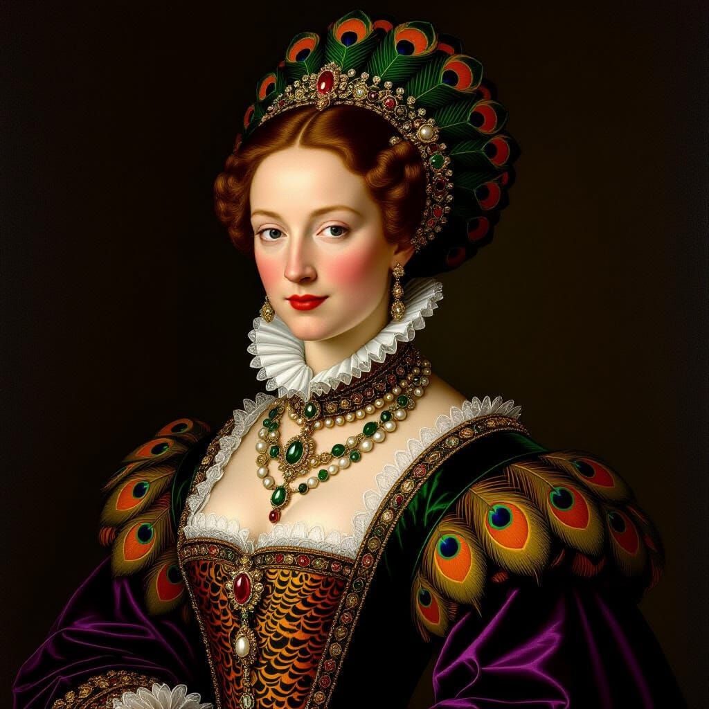 Noblewoman as Pheasant in Hans Holbein Court Painting Style