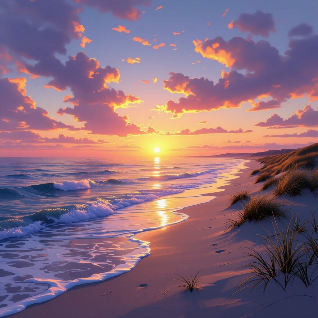 Hyperrealistic Sunset Sea with Impressionistic Dunes