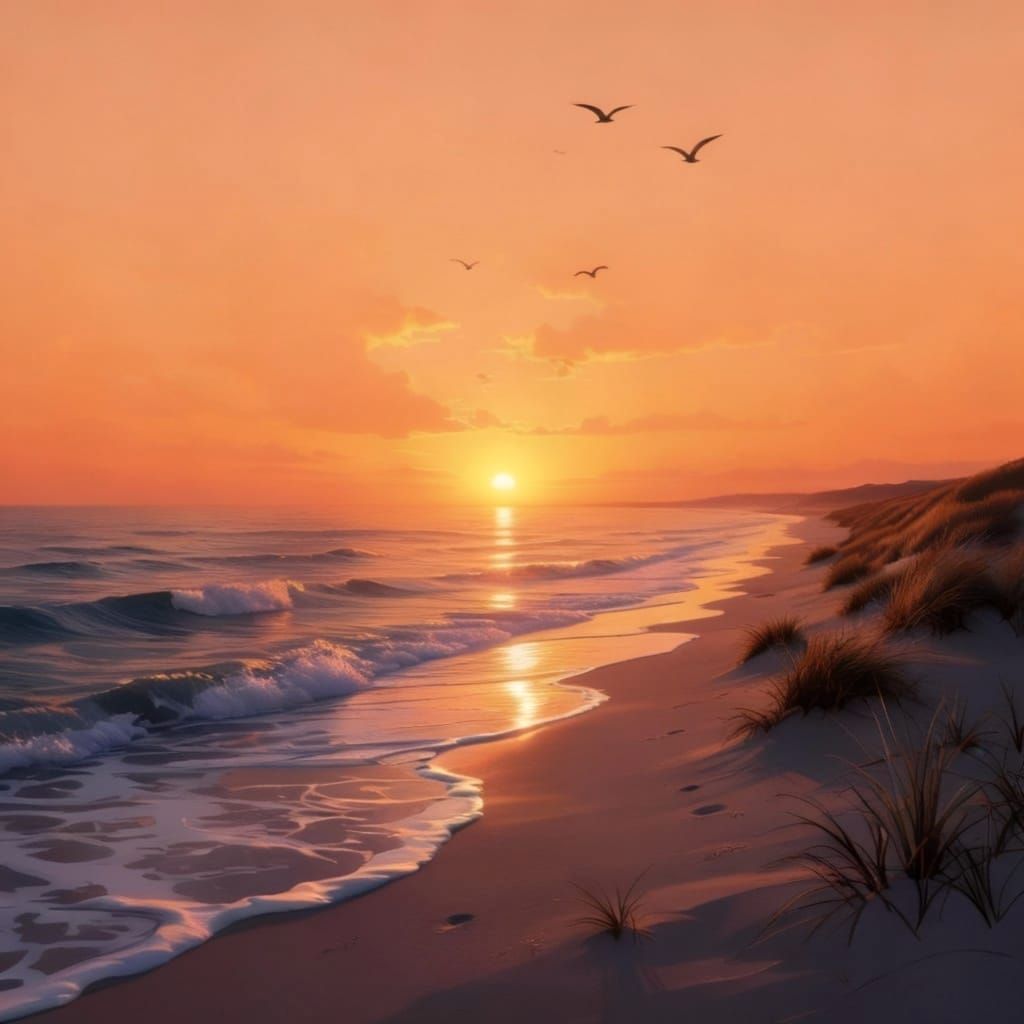 Hyperrealistic Sunset Sea with Impressionistic Dunes