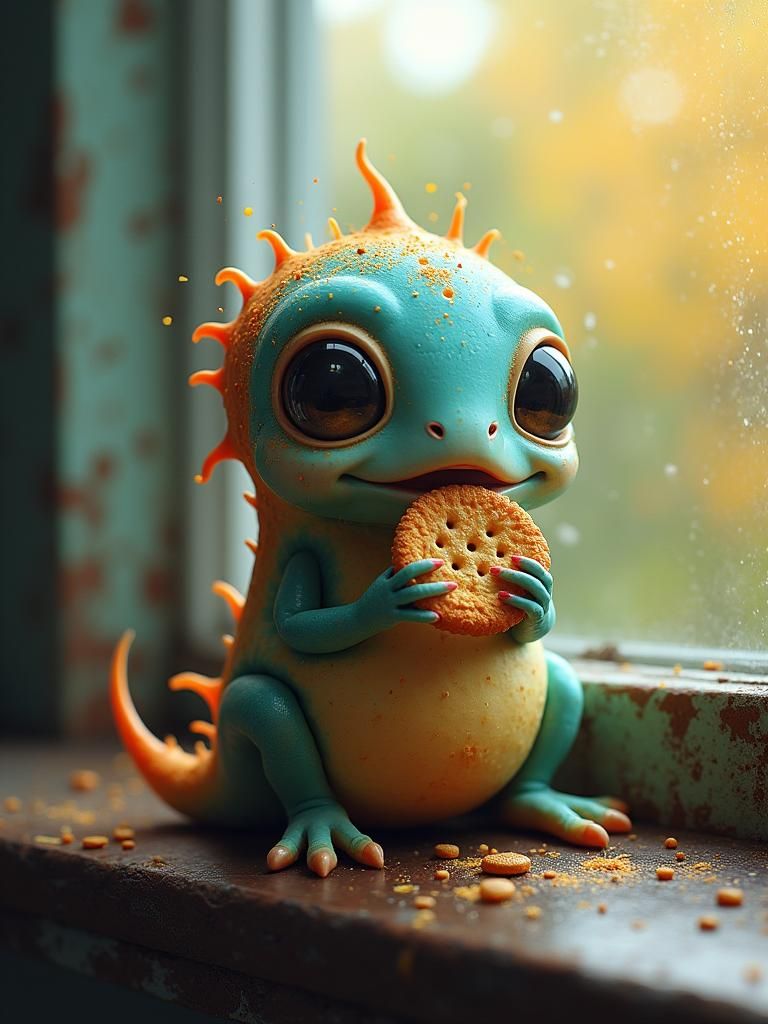 Whimsical 3-Eyed Alien Eating Cracker