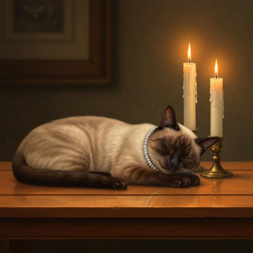 Siamese Cat Sleeps by Shabbat Candles in Cozy Atmosphere