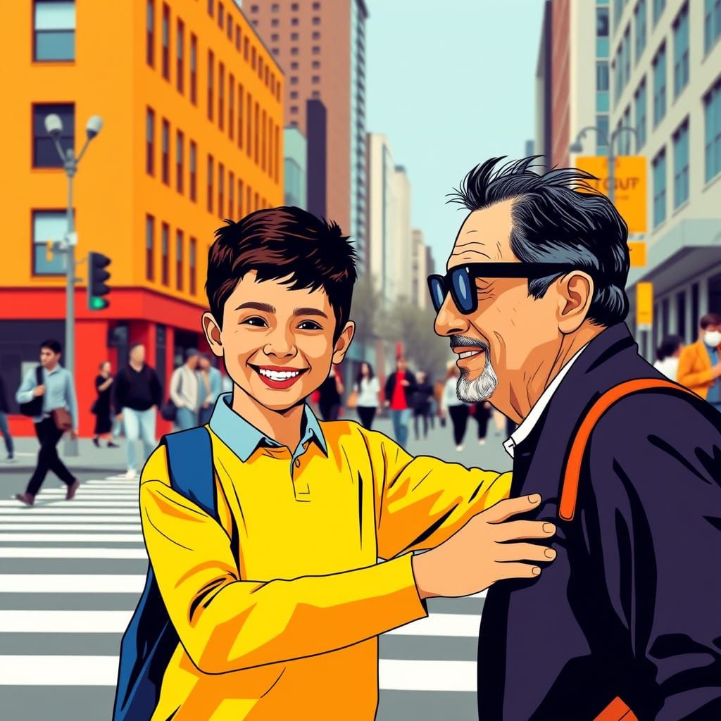 Kind Boy Assists Blind Man Crossing Street in Pop Art Style