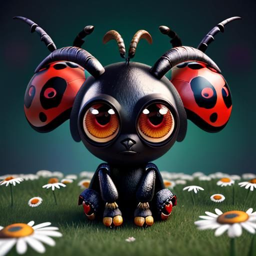 Surreal Ladybug Insect with Ram Horns in 3D