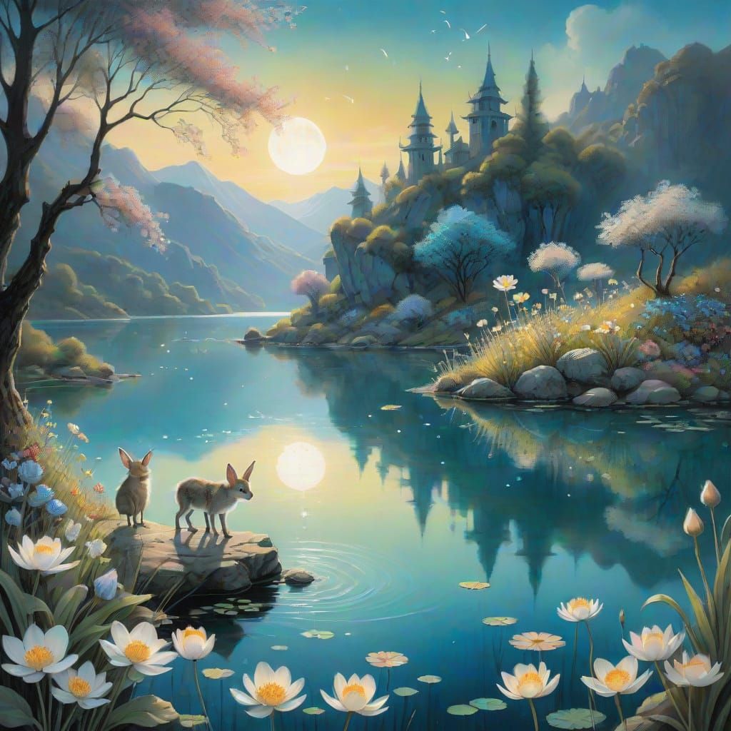 Surreal Fantasy Scene with Hadas and Creatures in a Turquois...