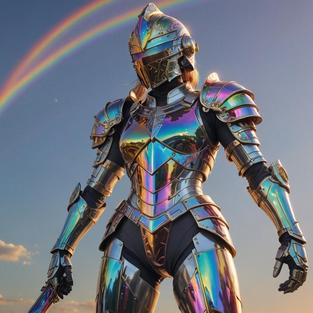 Vibrant Anime Female Knight in Rainbow Bismuth Armor