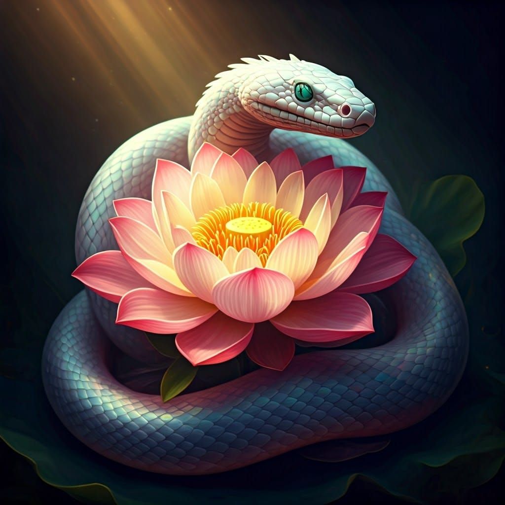 Majestic Serpent Envelops Sacred Lotus in Hyperrealistic Spl...