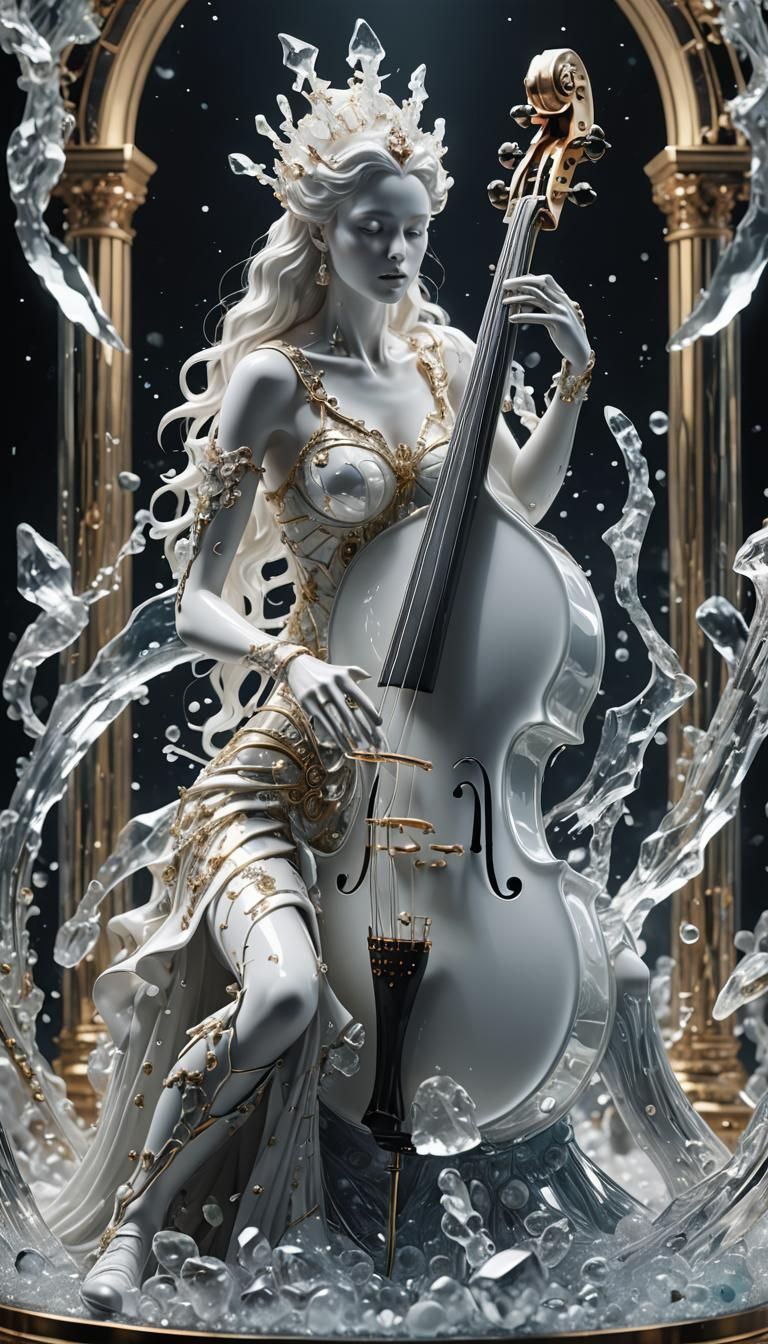 Glass Goddess Plays Contrabass in Milk: 8K Art