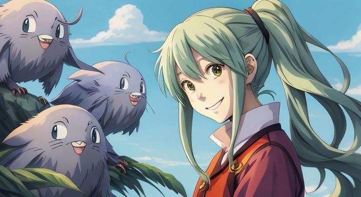 Smiling Girl in Cartoon Ghibli Anime Style