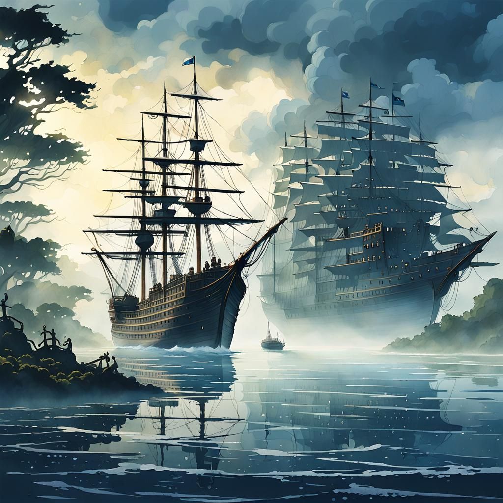 Mystical Pirate Ship on Misty Sea: Anime Concept Art