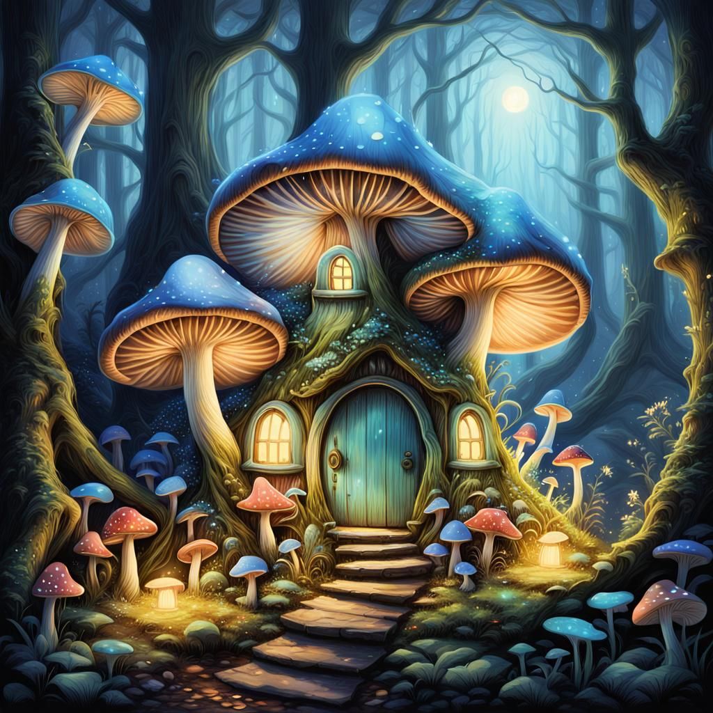 Enchanted Fairy Mushroom House in Bioluminescent Forest