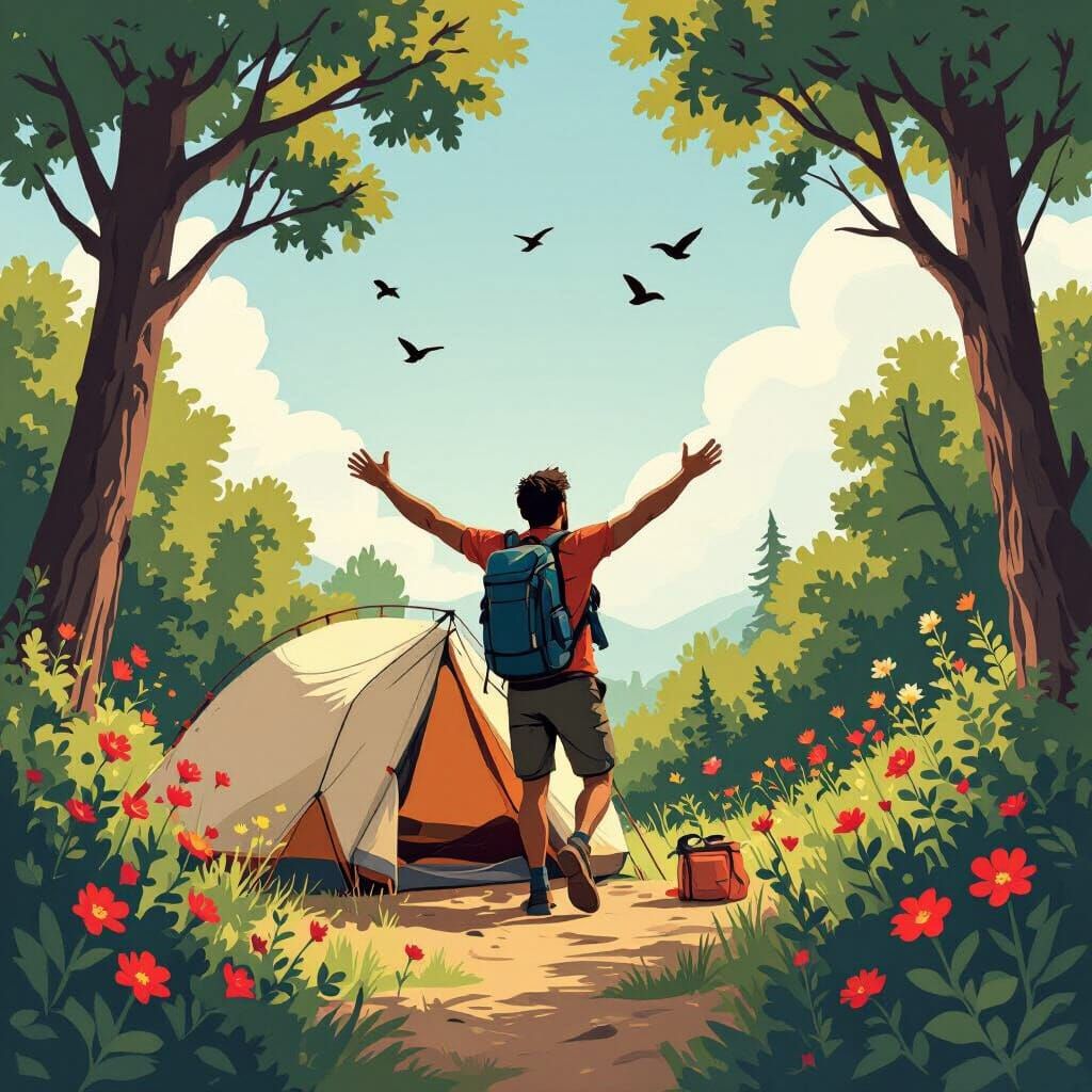 Man Emerges from Tent in Forest Illustration