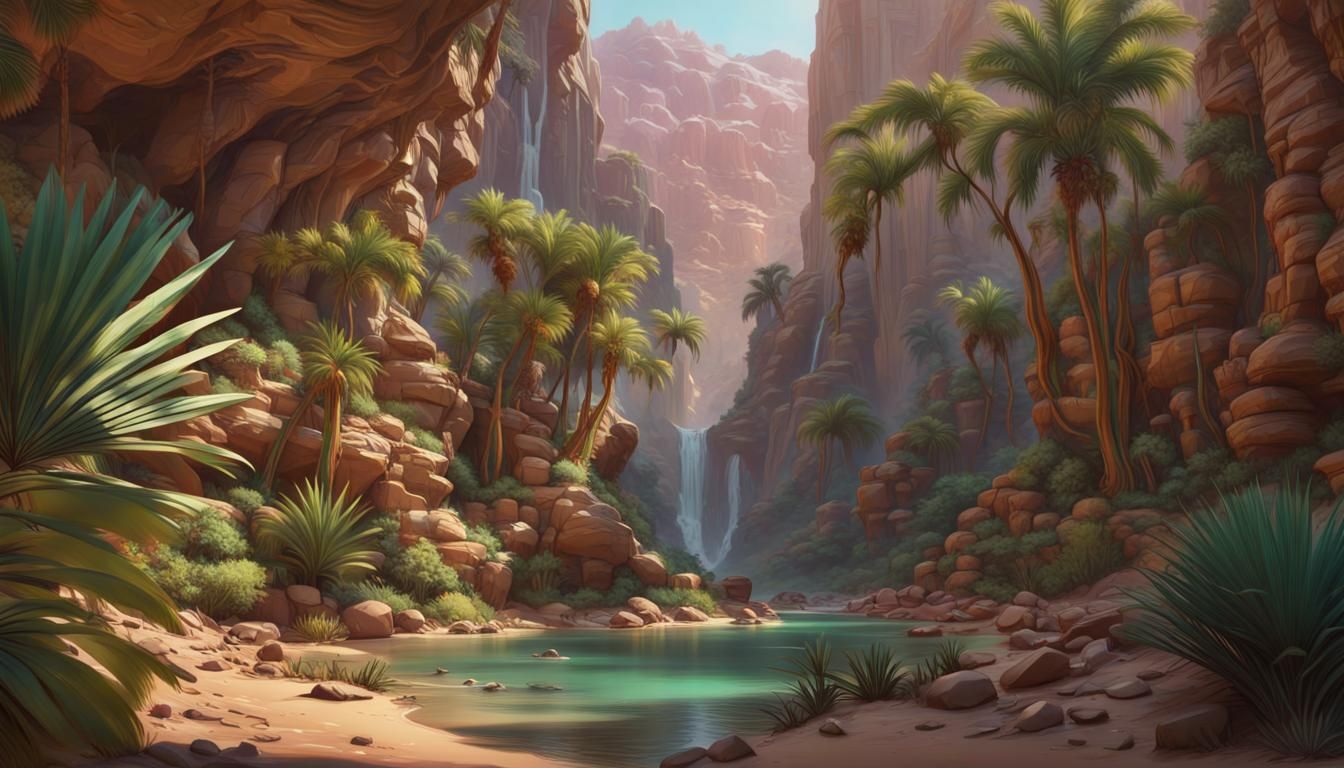 A lush and beautiful hidden tropical oasis found in a vast desert canyon head and shoulders portrait, 8k resolution conc...