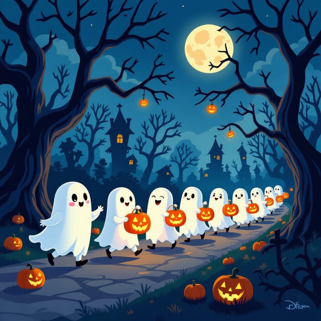 Cute Ghosts Parade Through Haunted Forest in Cartoon Style