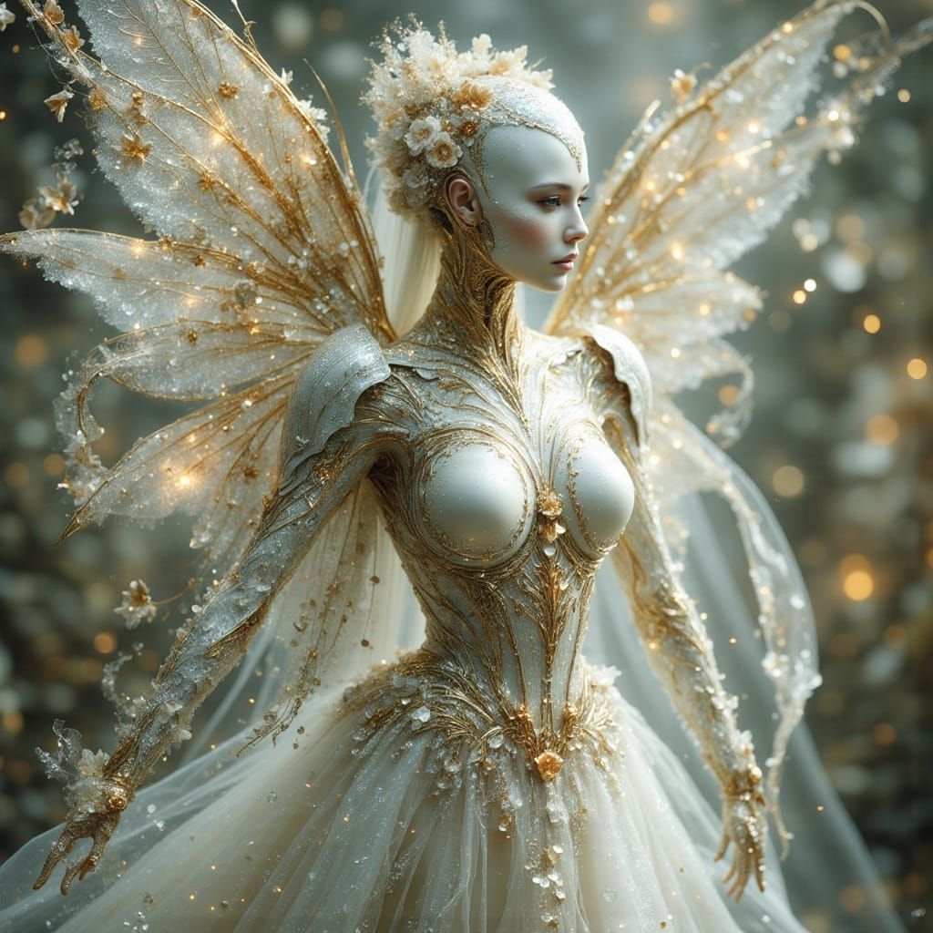 Cyborg Angel in Anime Style with Floral Metalwork