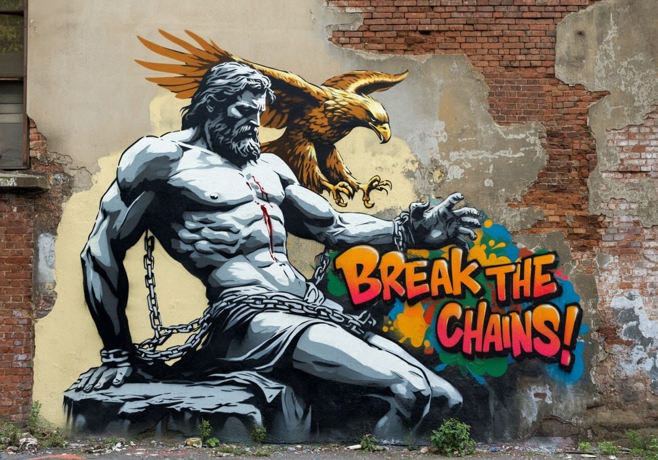 Bound Prometheus in Stencil Street Art