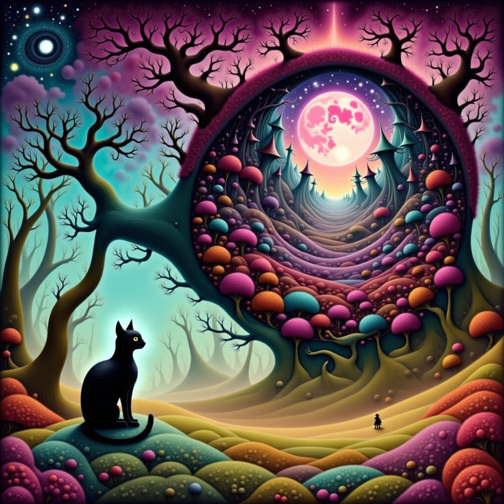 Mystical Forest Cat Silhouette: Bioluminescent Night Sky