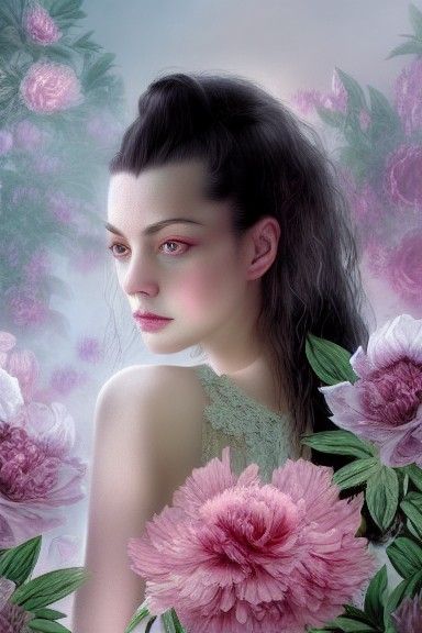 Woman Surrounded by Peonies in Matte Painting