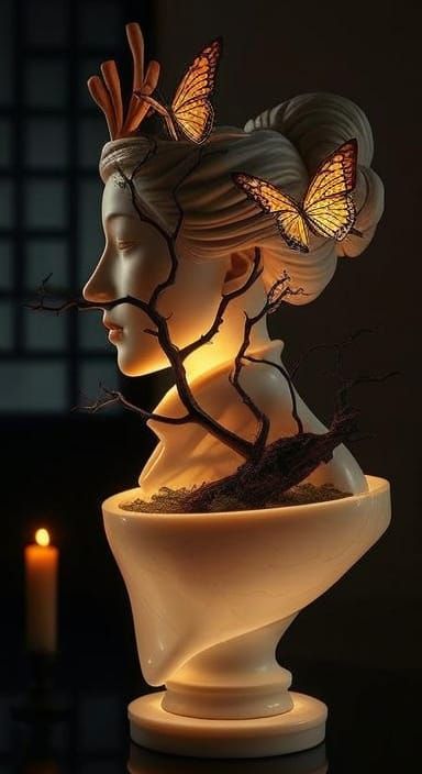 Korean Woman Marble Bust with Bonsai Garden