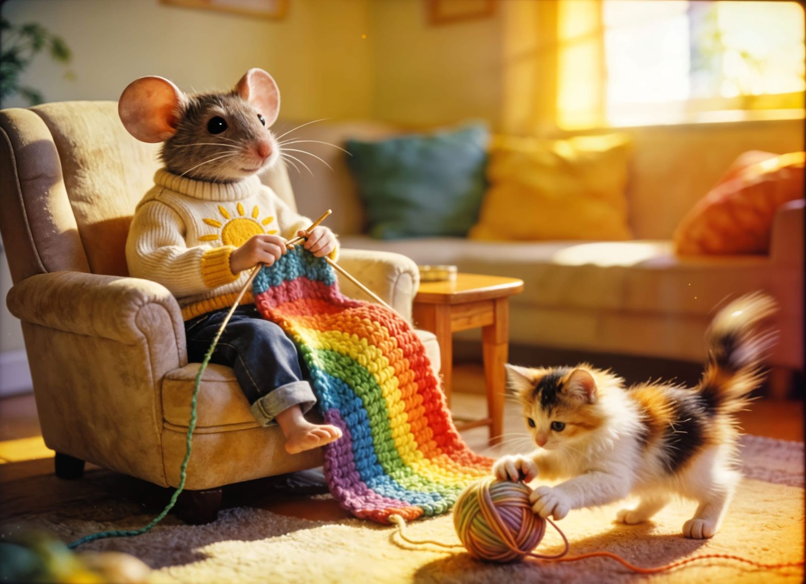 Mouse Crocheting Rainbow Blanket with Calico Cat