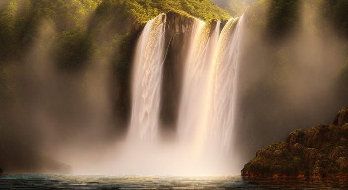 Romantic Waterfall Painting with Volumetric Lighting