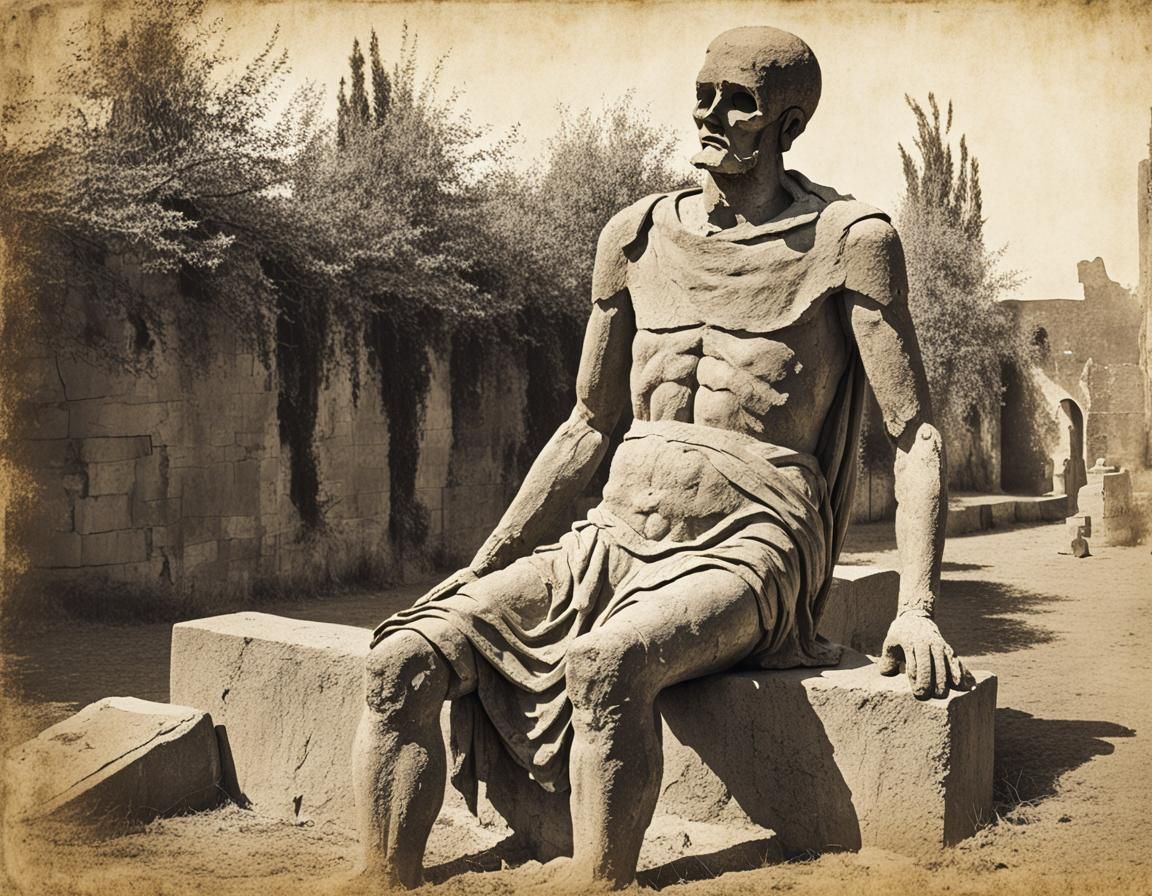 Broken Headless Statue in Lith Print Style