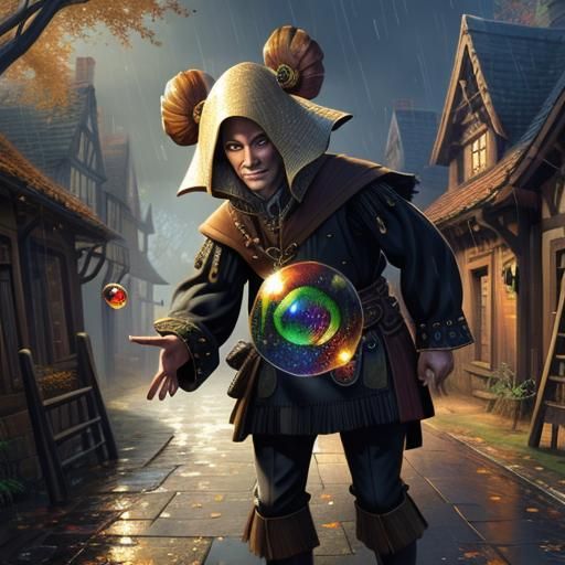 Autumn Tudor Village Street in Digital Painting Style