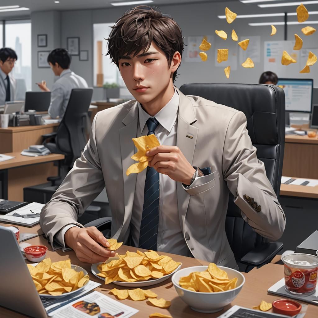 Young Man in Suit Eating Chips: 3D Anime Art
