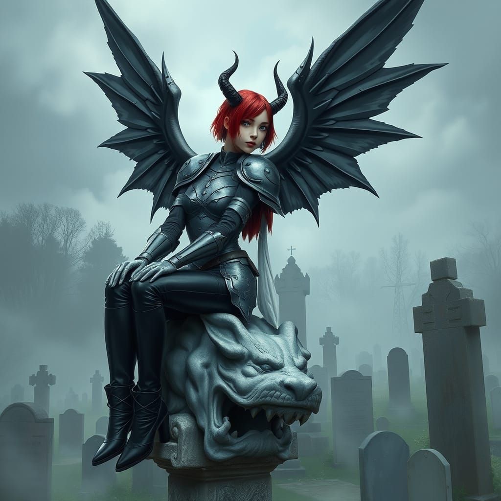 Winged Woman on Statue in Misty Graveyard