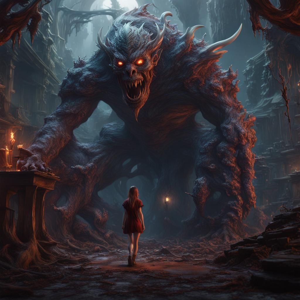 Fantastical Monster Behind a Girl in Detailed Matte Painting