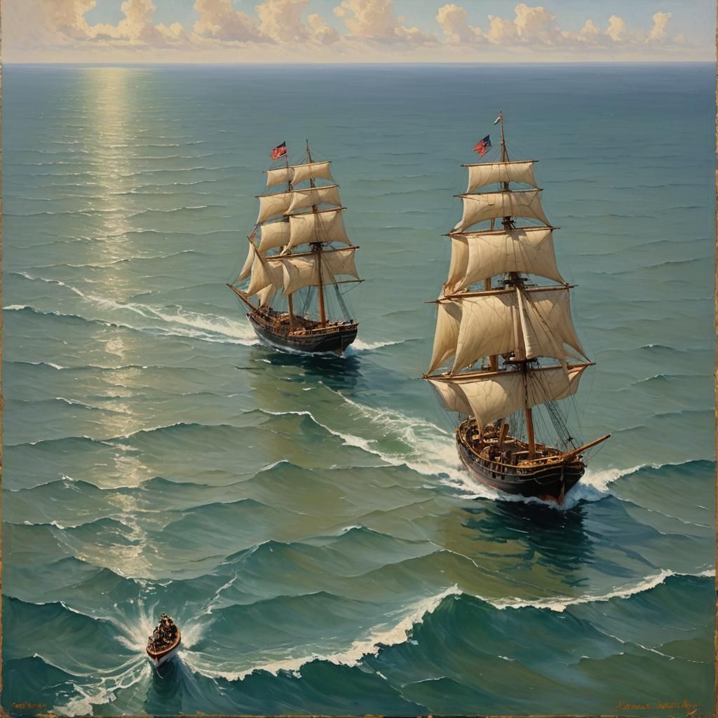 Two Ships Sailing: Oil Painting Maritime Scene