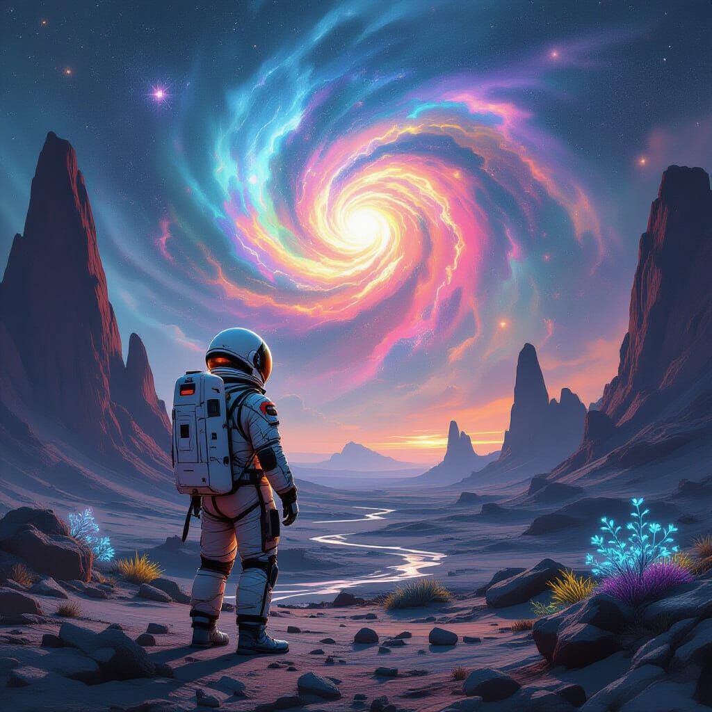 Cosmonaut on Alien Planet Gazing at Nebula