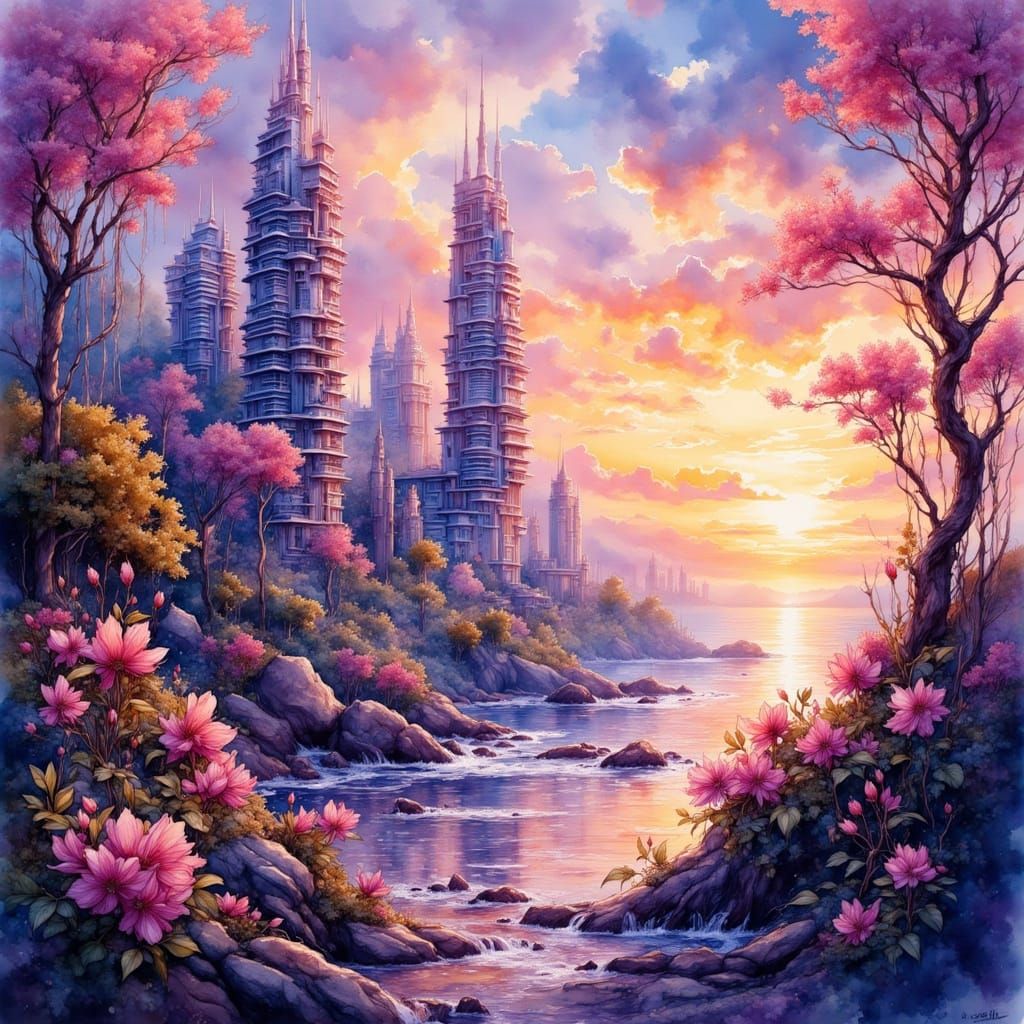 Ethereal Sunset Cityscape in Cyberpunk Style