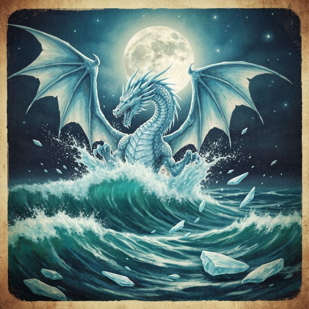 Ice Dragon Emerges from Ocean Waves in Cubist Style
