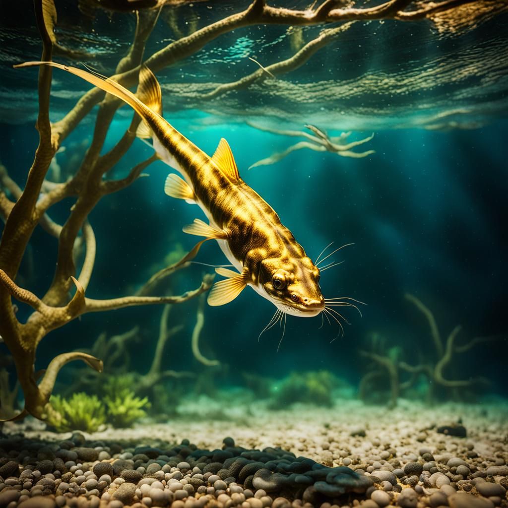Golden Transparent Catfish Underwater: Hyperrealistic Close-...