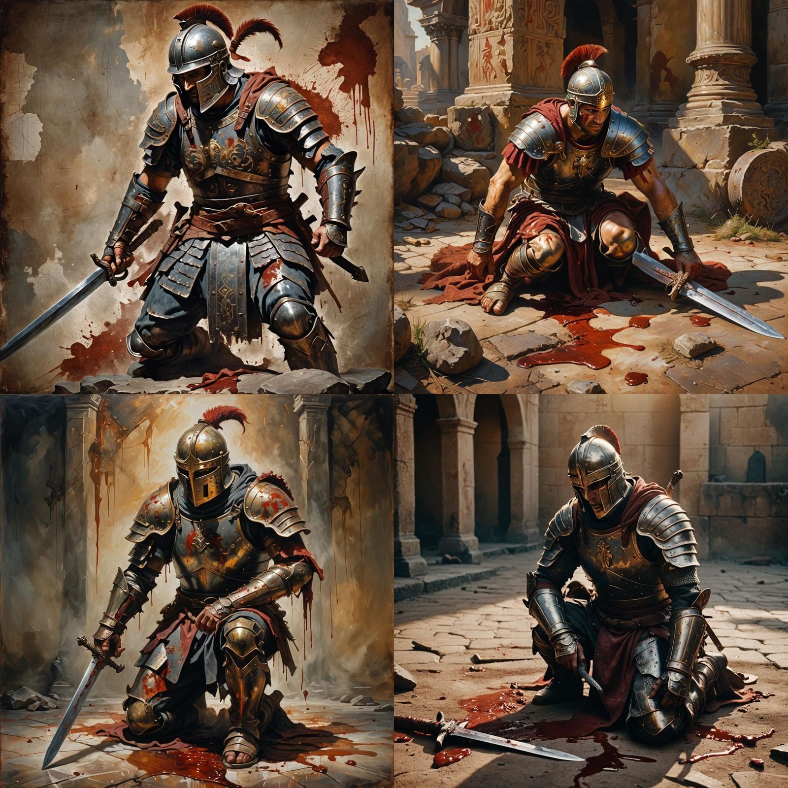 Armored Gladiator Kneeling by Bloodied Sword