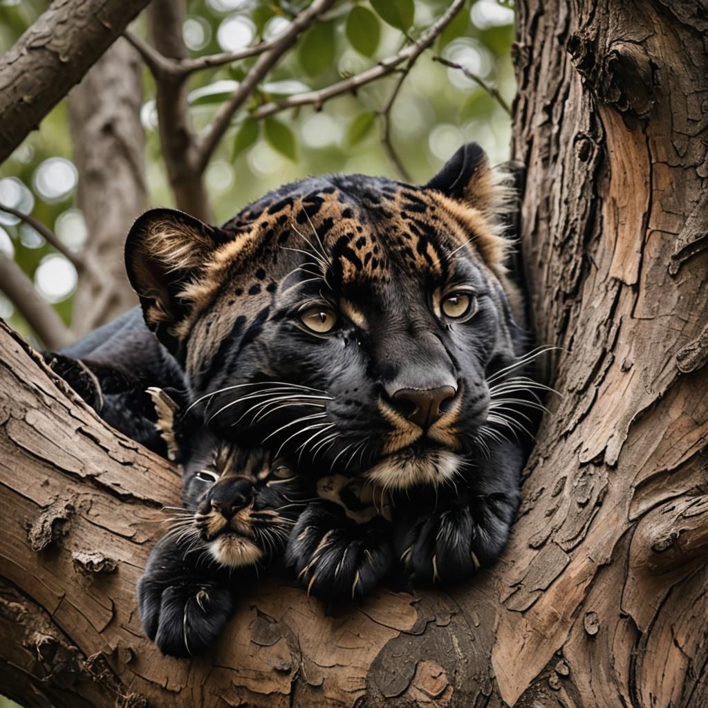 baby panther and its mother sleeping