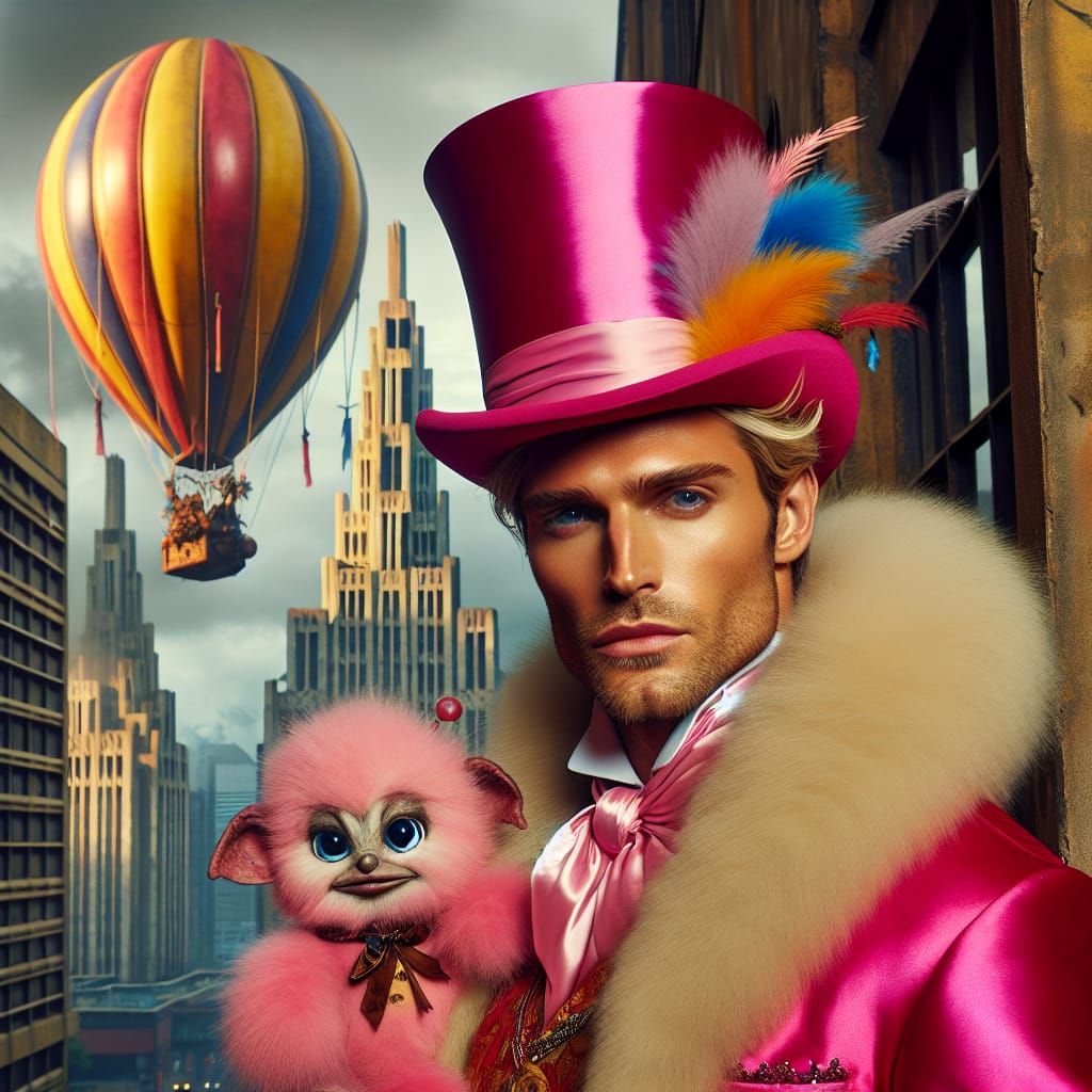 Handsome man wearing pink and his fluffy friend watching the magical hot air balloon