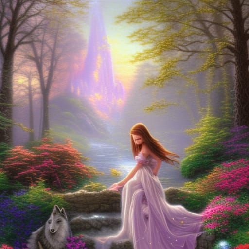 Ethereal Wolf Girl in a Misty Fantasy Landscape