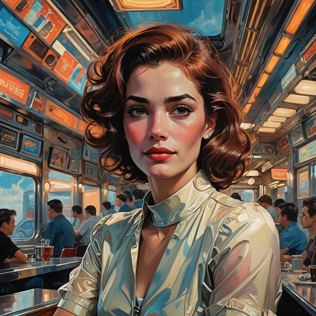 Retro-Futuristic Portrait in 50s Diner, Photorealistic Rende...