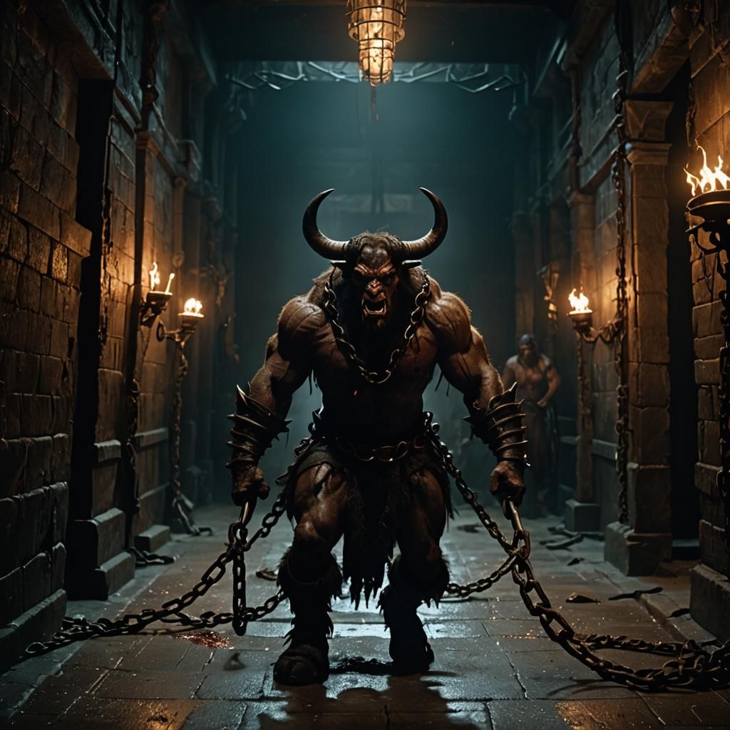 Menacing Minotaur Struggles in Dark Corridor
