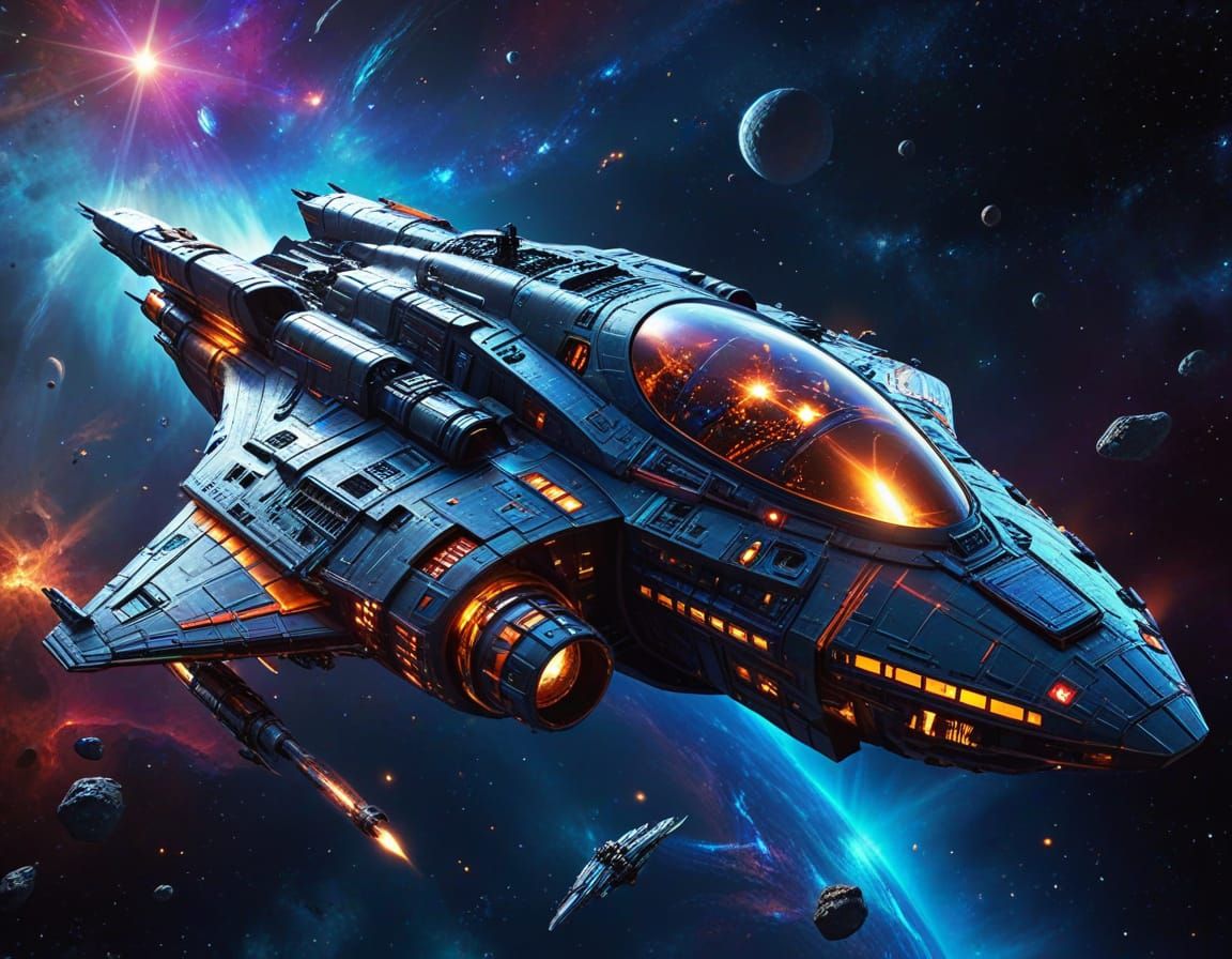 Epic Space Odyssey Starship in Breathtaking Celestial Backgr...